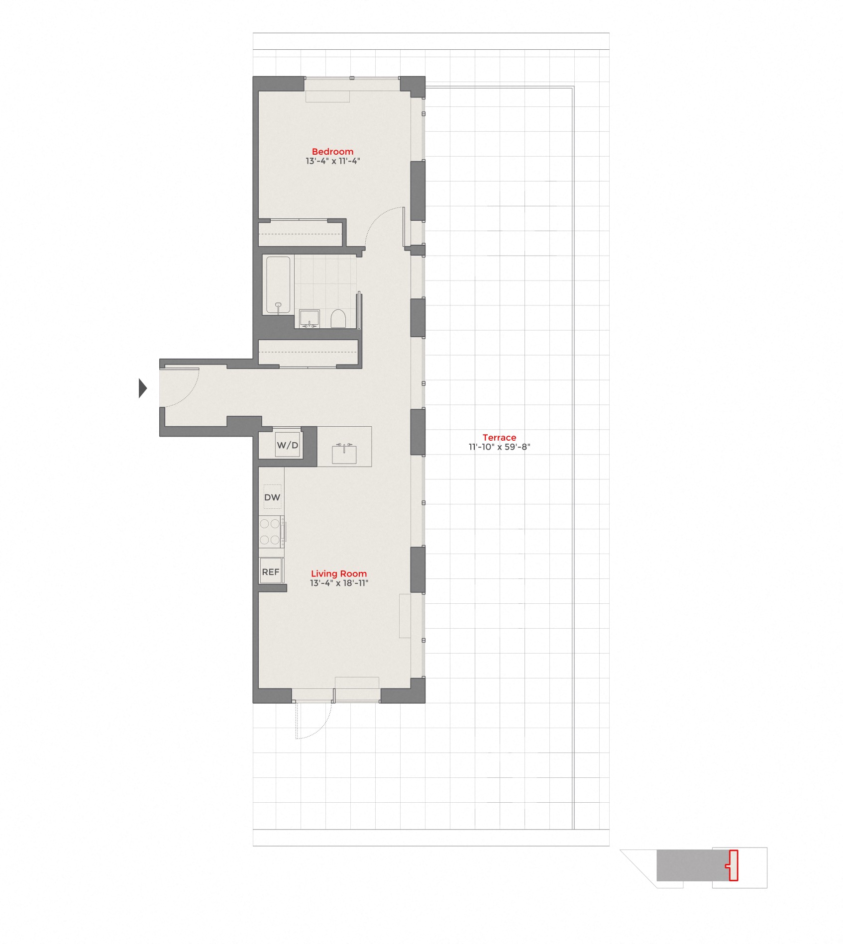 Floor plan for 1 bed, 1 bath, 729 sqft